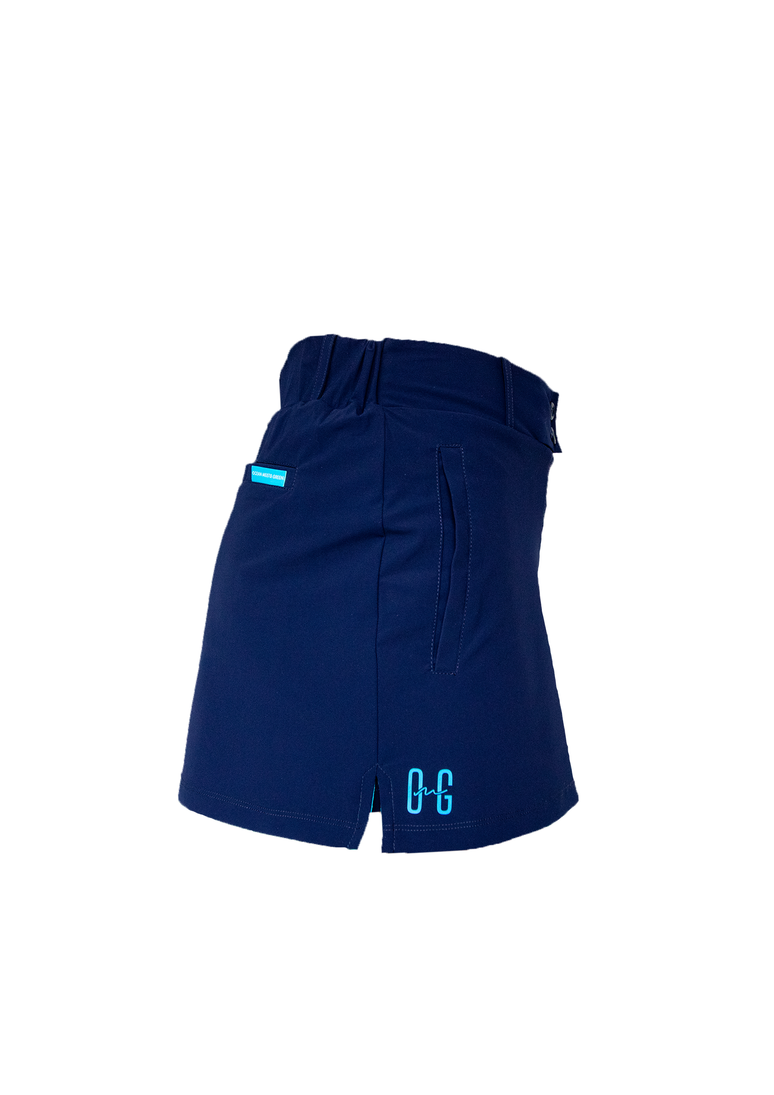 Hollowman image of Ocean Meets Green women's golf skirt Tide in navy, side view