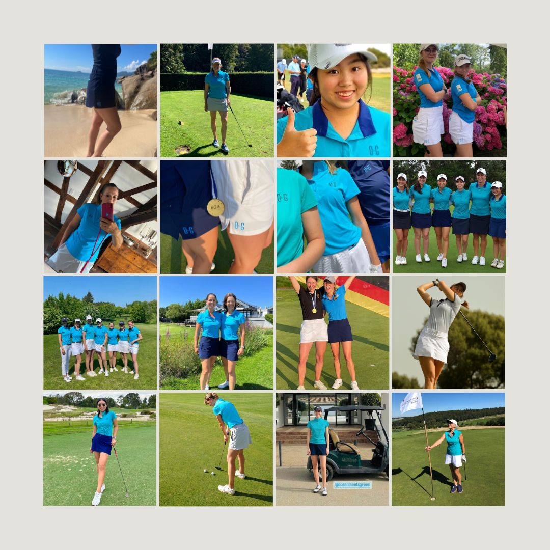 Multiple images of golfers wearing Ocean Meets Green outfits